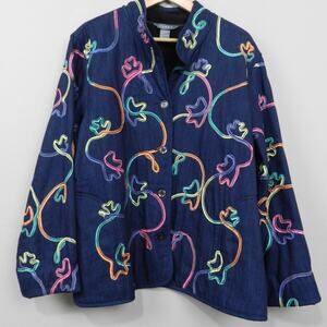 VTG Koret‎ Denim Jacket Size XL Navy Blue Rainbow Ribbon Art Granny Button Front